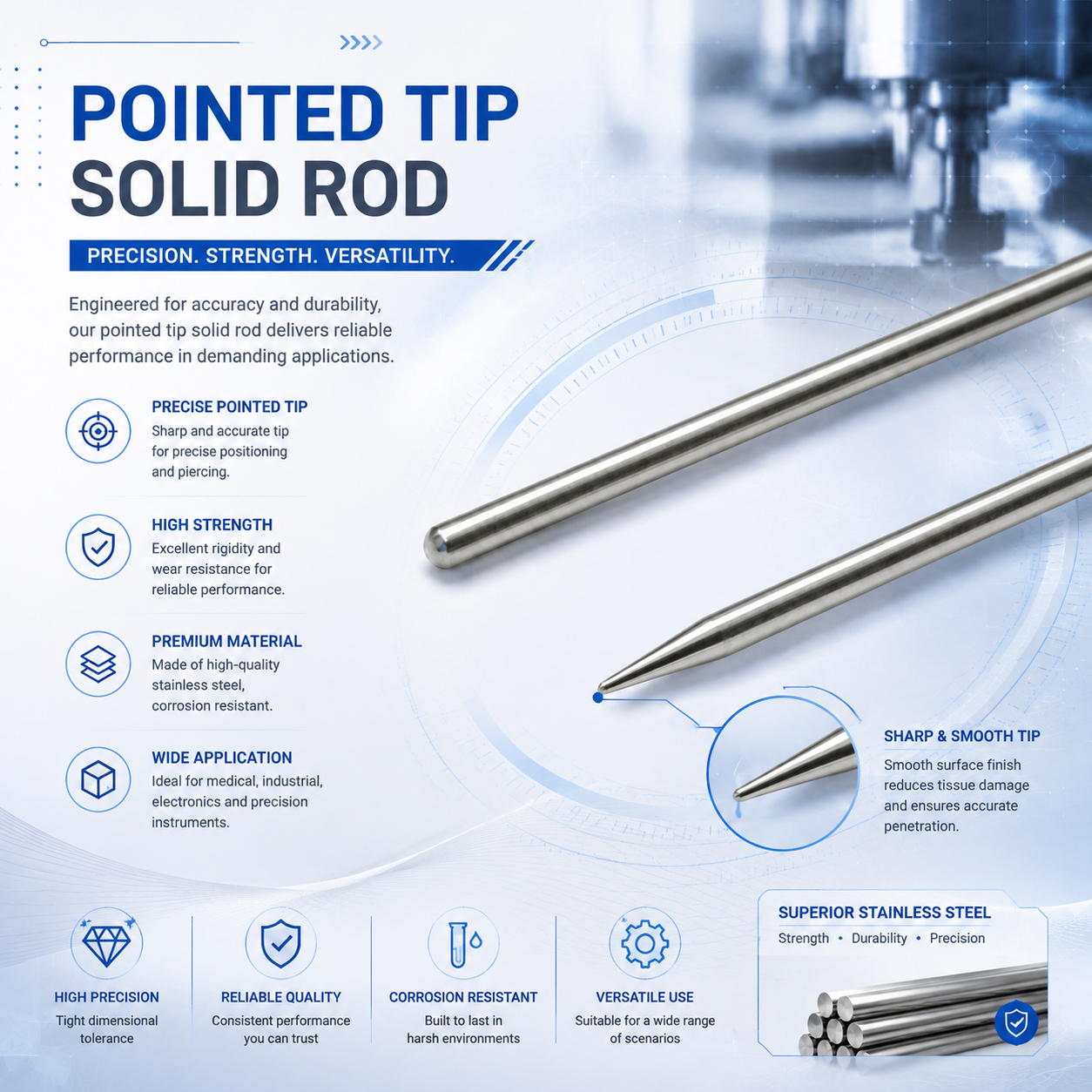 Customized Pointed Tip Solid Rod Component with High Hardness Material (Made to Customer Drawing)