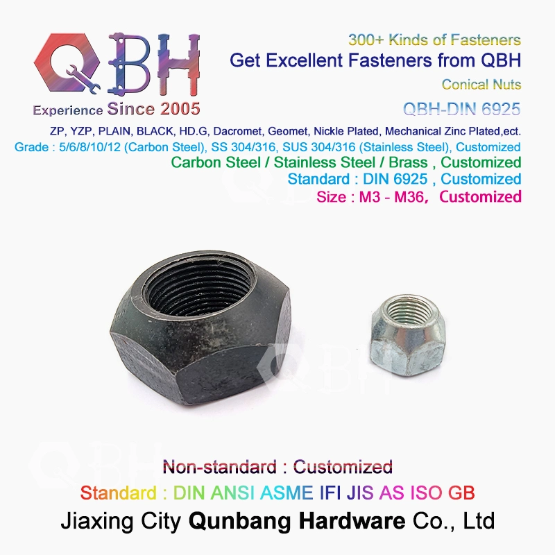 Qbh DIN6925 M3-M36 DIN 6925 Plain Black Yellow Blue Zinc Nickle Plated Hot DIP Galvanizing Dacr*Met Ge*Met Chrome Plating Wheel Hub Lock Hex Conical Nuts