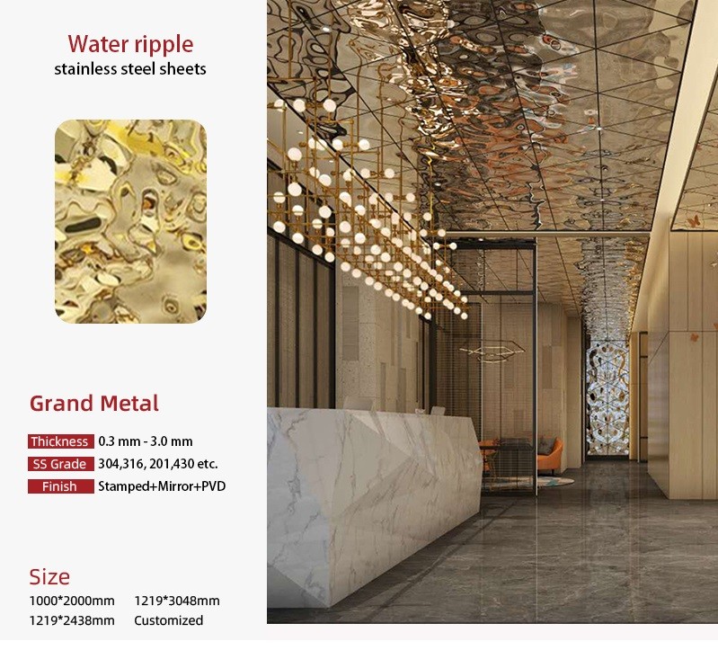 Factory Price 201 304 316 Stamped Finish Water Ripple Stainless Steel Sheet For Ceiling Panel and Wall Cladding