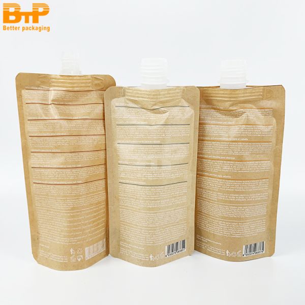 Eco Friendly Pouch Zipper Custom Printed Bag Packing Paper Biodegradable Kraft Packaging Spout Pouch Doypack for Liquid Shampoo