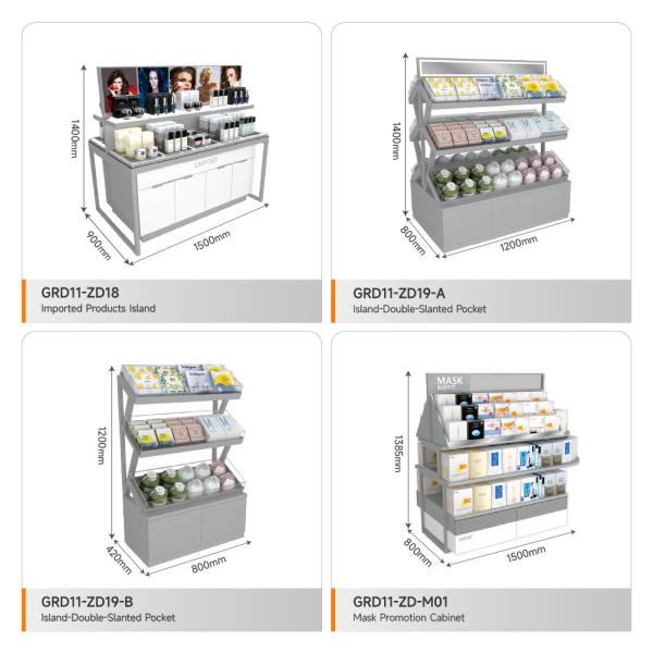 Retail Display Stand Grey Wooden Island Cabinet For Compact Store Stand And Fashion-Forward Shop Display Furniture