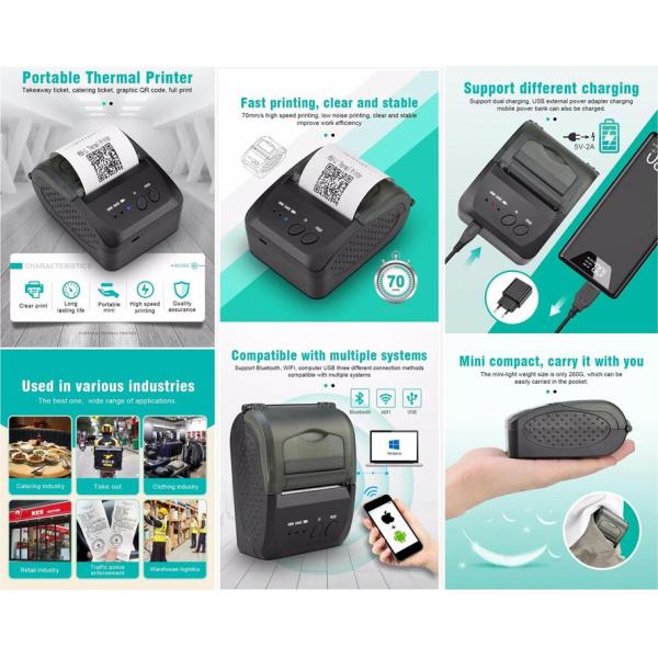 Black ESC TSPL Command POS Receipt Printer 12x24 Bluetooth With USB Charge