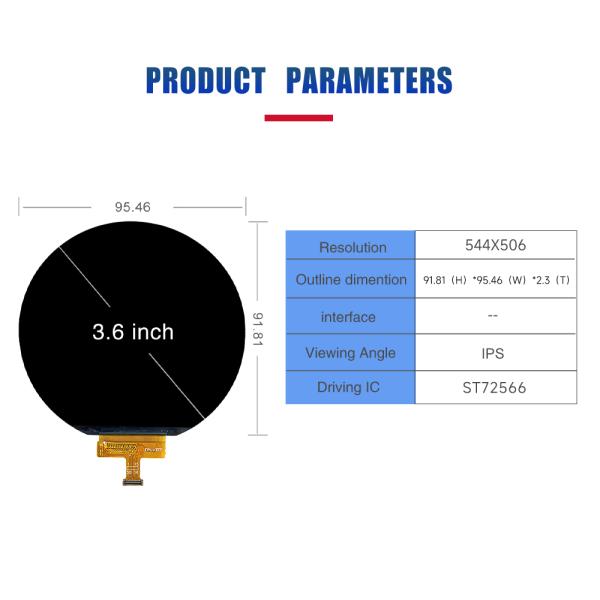 3.6 Inch Circular TFT LCD Display 544x506 Resolution IC ST72566 LVDS