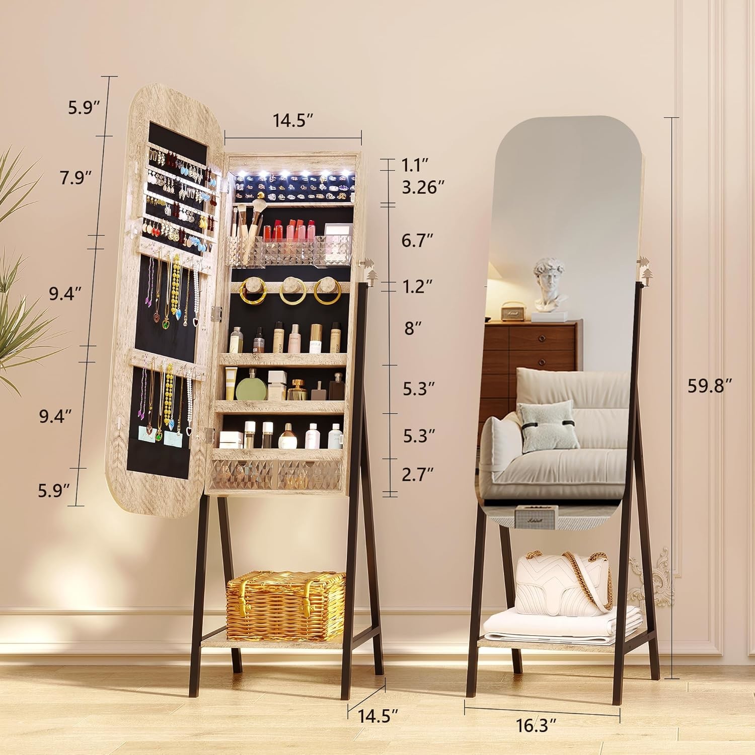 Modern Jewelry Armoire Mirror with LED Lights and Storage