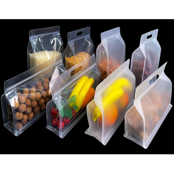 Flat Bottom Pouch Transparent 8-Side Zipper Bag Clear Matt Food Packaging Rectangle Plastic Bags with Handle