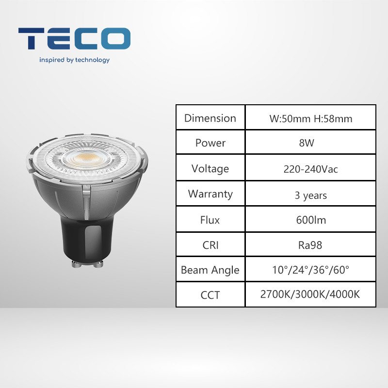 Teco GU10 Bulbs 8W 230V 3000K 24 Degree Ra98 Dimmable GU10 LED Spotlight for Superior and Energy-Saving Illumination
