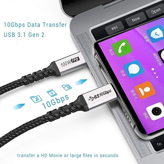 PD Data Transfer Cable USB3.1 4K 60 Hz 10 Gbps 20V5A 100W For MacBook Phone