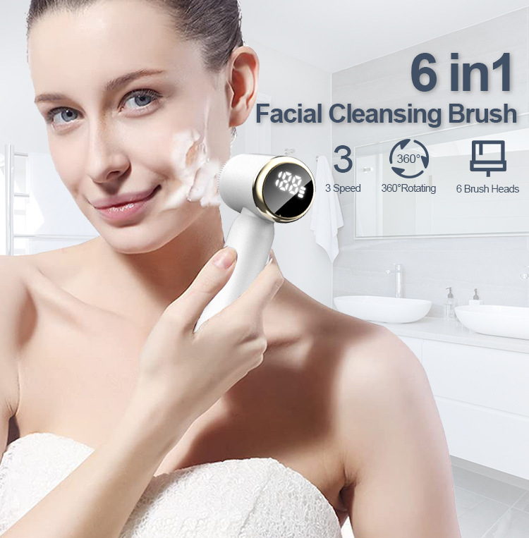 IPX6 6in1 Vibrating Face Brush 1000mAh Rechargeable Face Brush Purple