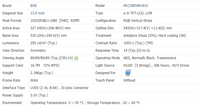 23.8 Inch IPS TFT LCD Monitor 1920 X 1080 Tft Panel Display MV238FHM-N10/N30