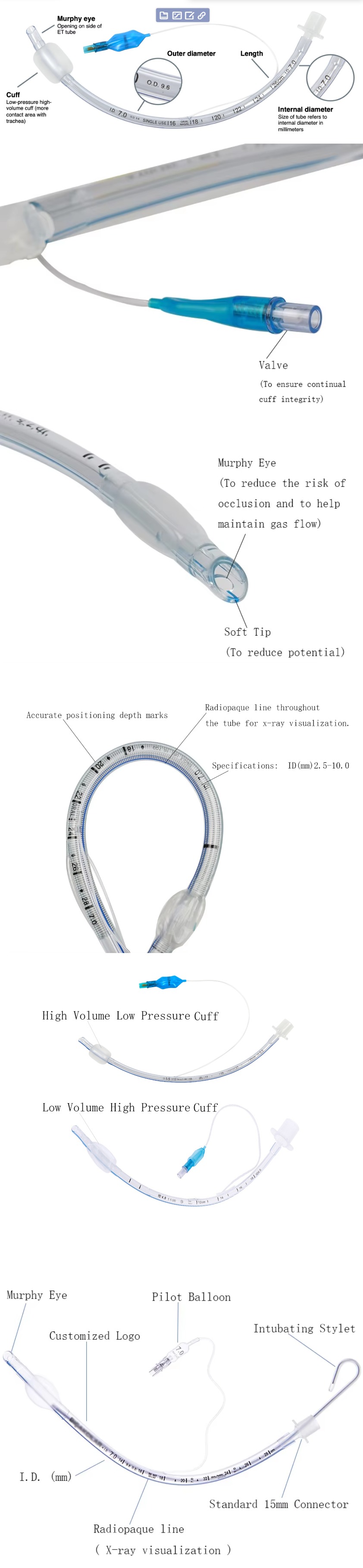 High Quality Medical Sterile cuffed PVC 2.5mm-10mm Size Endotracheal Tube Factory Price
