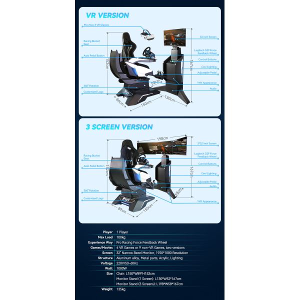 3 Axis VR Racing Simulator Dynamic Platform Immersive Driving Car 1.0kW