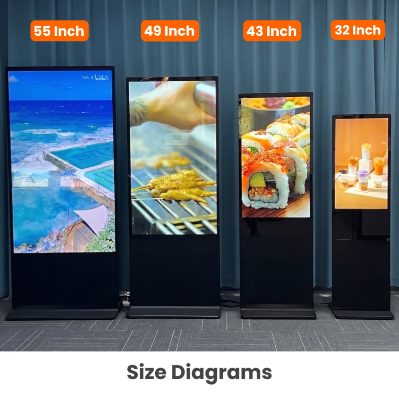 Size comparison lineup showing 55-inch, 49-inch, 43-inch, and 32-inch floor-standing digital kiosks side-by-side