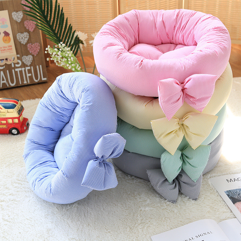 Cute Bows Stripes Dog Beds Cotton Flocked Round Pet Cushion