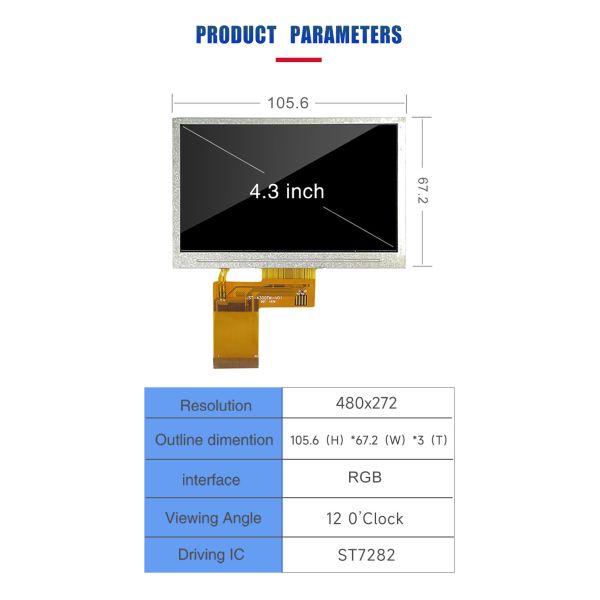 4.3 Inch TFT LCD Module IC ST7282 480x272 Resolution RGB Portable