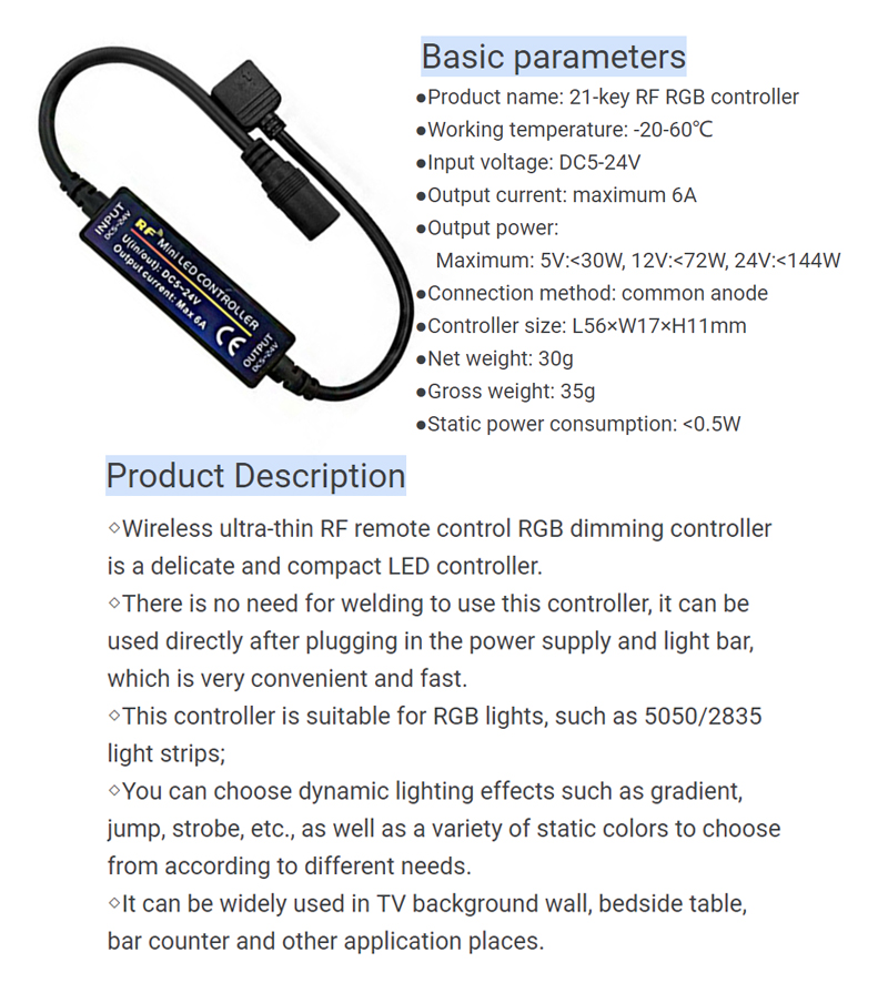 21 Keys Wireless LED Strip RF Controller Remote Control With CE Certified