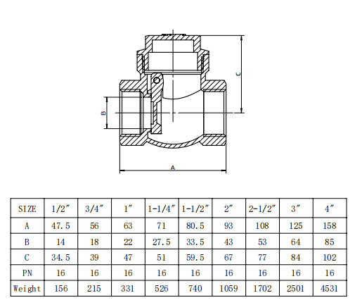 1/2 " To 4 " Brass Swing Check Valve With Rubber Sealing