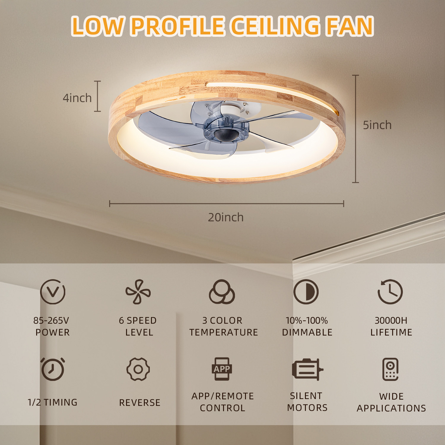 Wholesale 20-Inch LED Ceiling Fan 5 Wooden Leaves Custom Remote Control Dimming Timing 3-Speed Modern Living Room 60W 110V