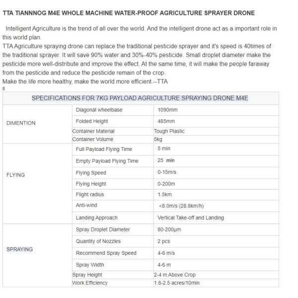 Tta M4e 5L Automatic Agriculture Spraying Drone with Efficiency and Great Performance