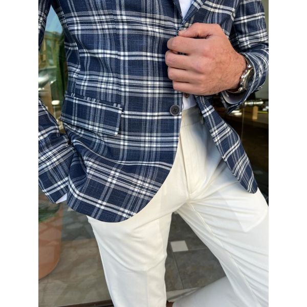 65% Viscose 32% Pes 3% Elastane Male Suit Jacket Dark Blue Plaid Blazer
