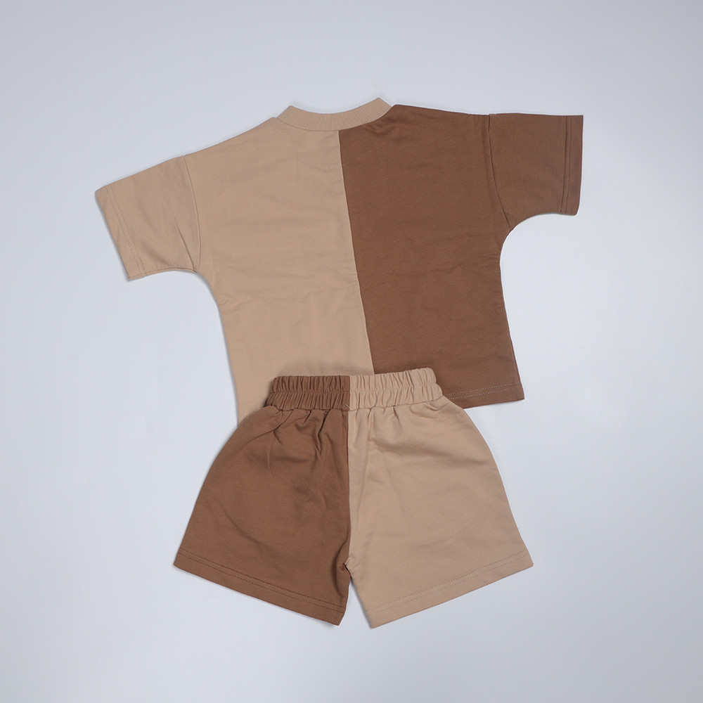 French Terry Patchwork Clothes 260gsm Teen Boys Color Tee And Short Set