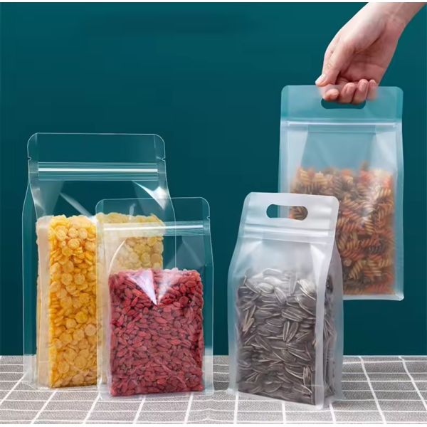 Cheap Reusable Stand up Ziplock Square Bottom Mylar Clear Hand Hole Food Packaging Plastic Bags for Storage