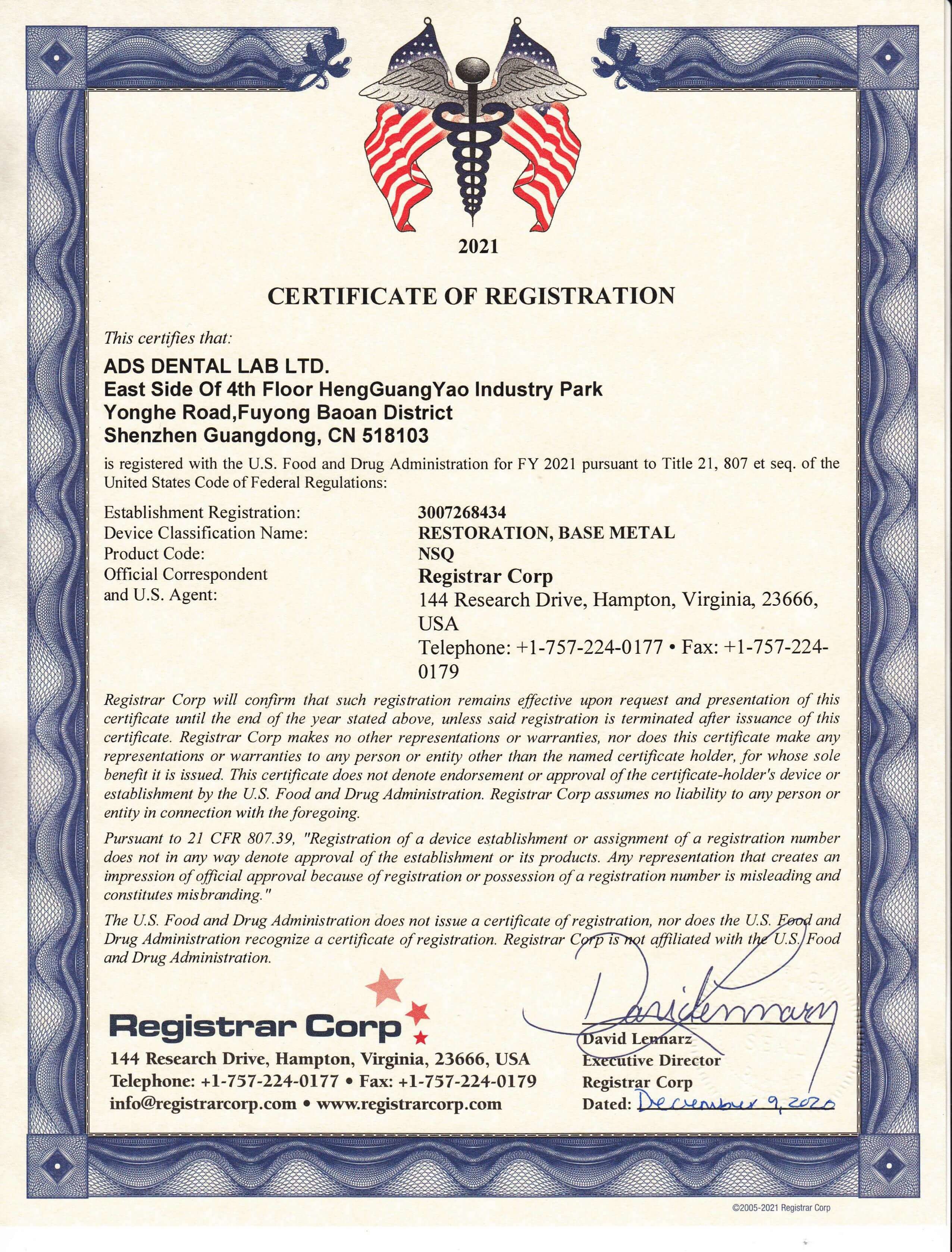 ADS Dental Lab Certifications