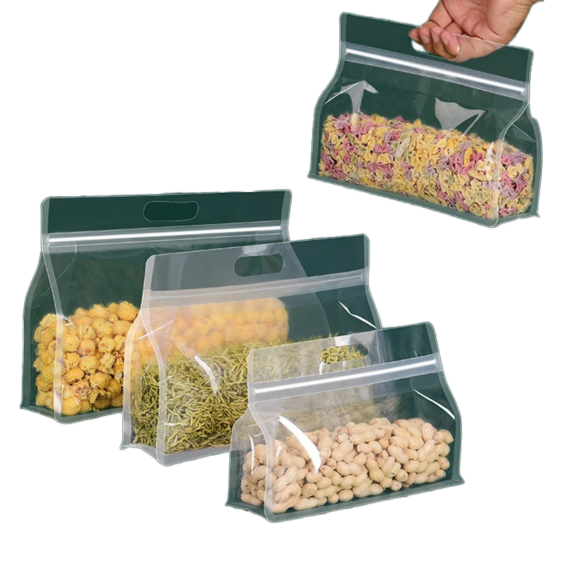 Cheap Reusable Stand up Ziplock Square Bottom Mylar Clear Hand Hole Food Packaging Plastic Bags for Storage