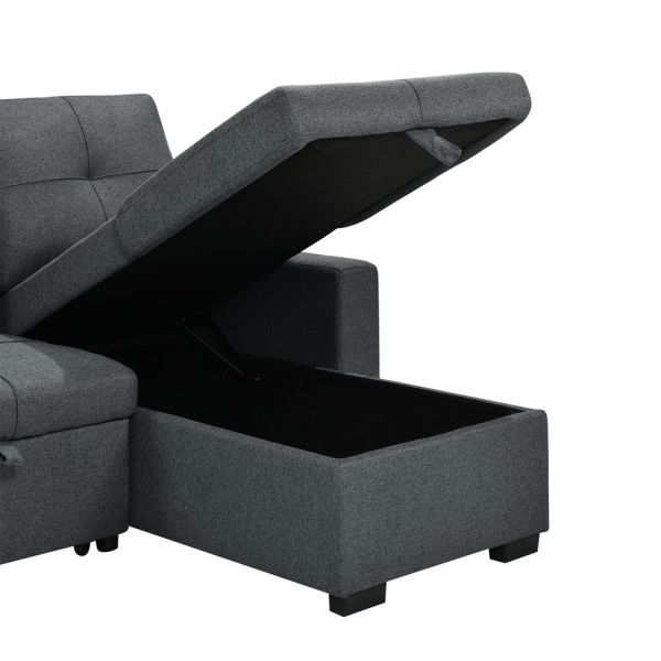 L-Shaped Reversible Sectional Sleeper Sofa with Pull-Out Bed and Storage, Neutral Gray Fabric