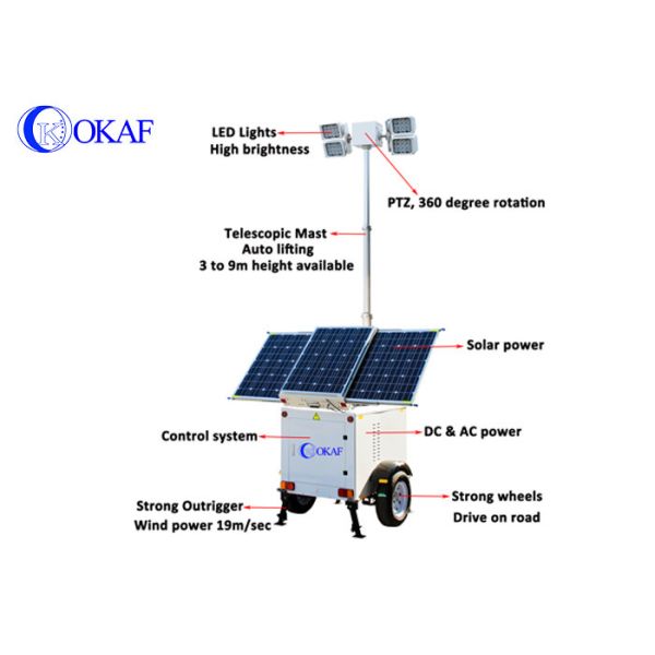 Solar Led Light Mobile Surveillance Trailer With Pneumastic Telescopic Mast