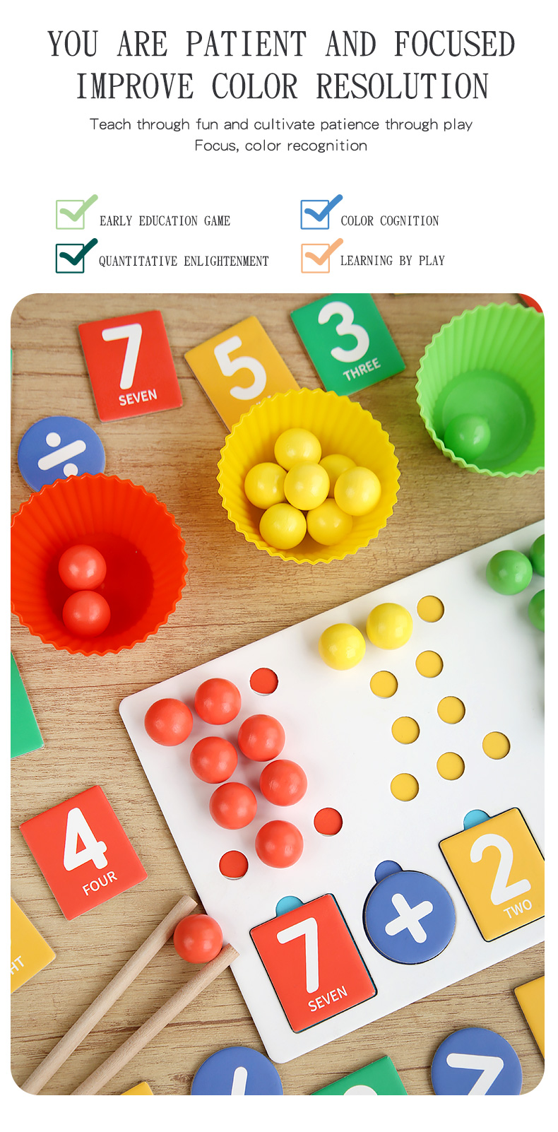 2024 Wooden Number Cognitive Educational Number Matching Toy Wooden Clip Beads Game Counting Toy