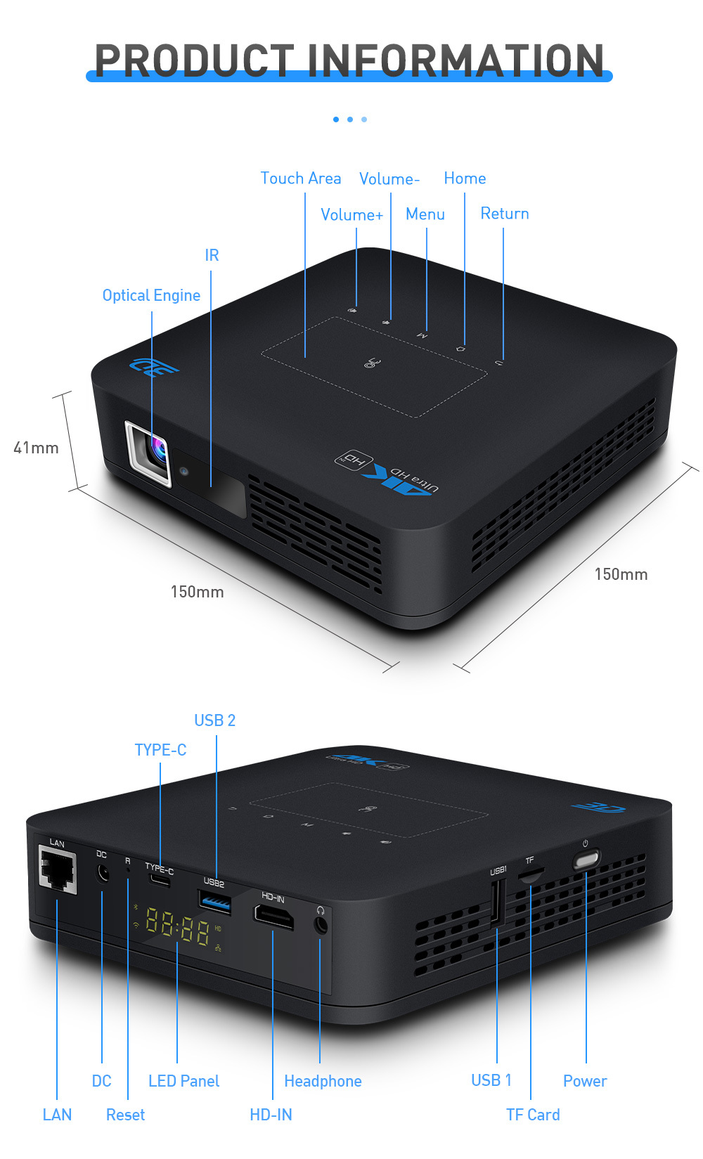 Flyin P15 1080P Full HD DLP Projector Portable WIFI Android 9 IOS Home Theater 4K Auto 3D Stereo Built-in 4-hour Battery Manual focus