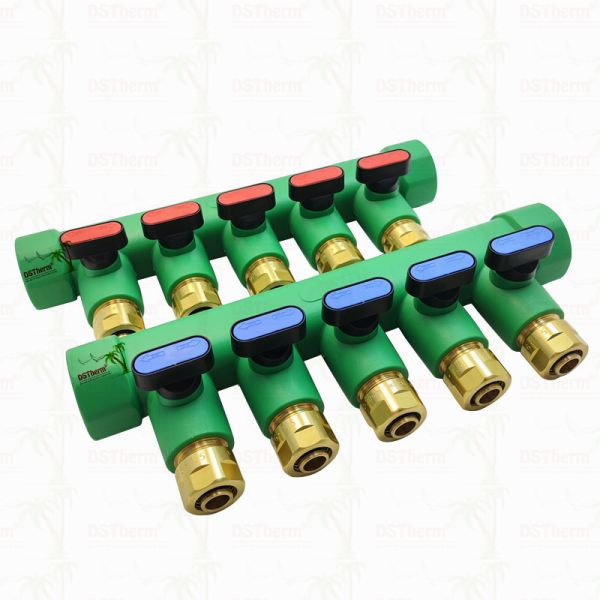 PPR Manifolds With Ball Valve Hot Water Red 5 Ways Manifolds Customized Logo and Color 25mm
