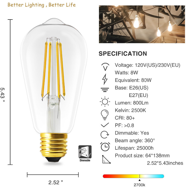 8W ST64 E27 Dimmable Edison Bulb Decorative Filament Light Bulbs 1050lm
