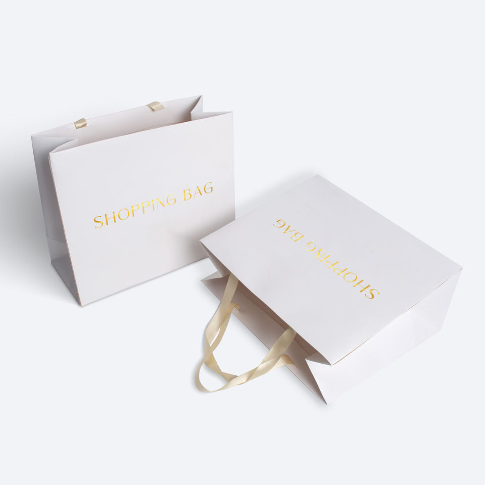 Ribbon Handle Ivory Board Paper Bags With Custom Logo For Handmade Clothing Packaging