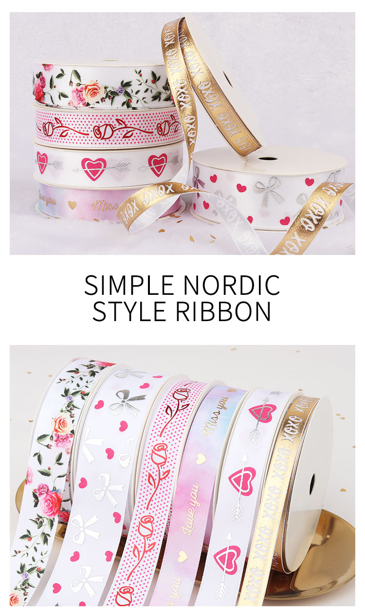 Ribbon for Bouquets Silver stamping logo Band For Wedding Party Romantic Satin Printed Ribbon