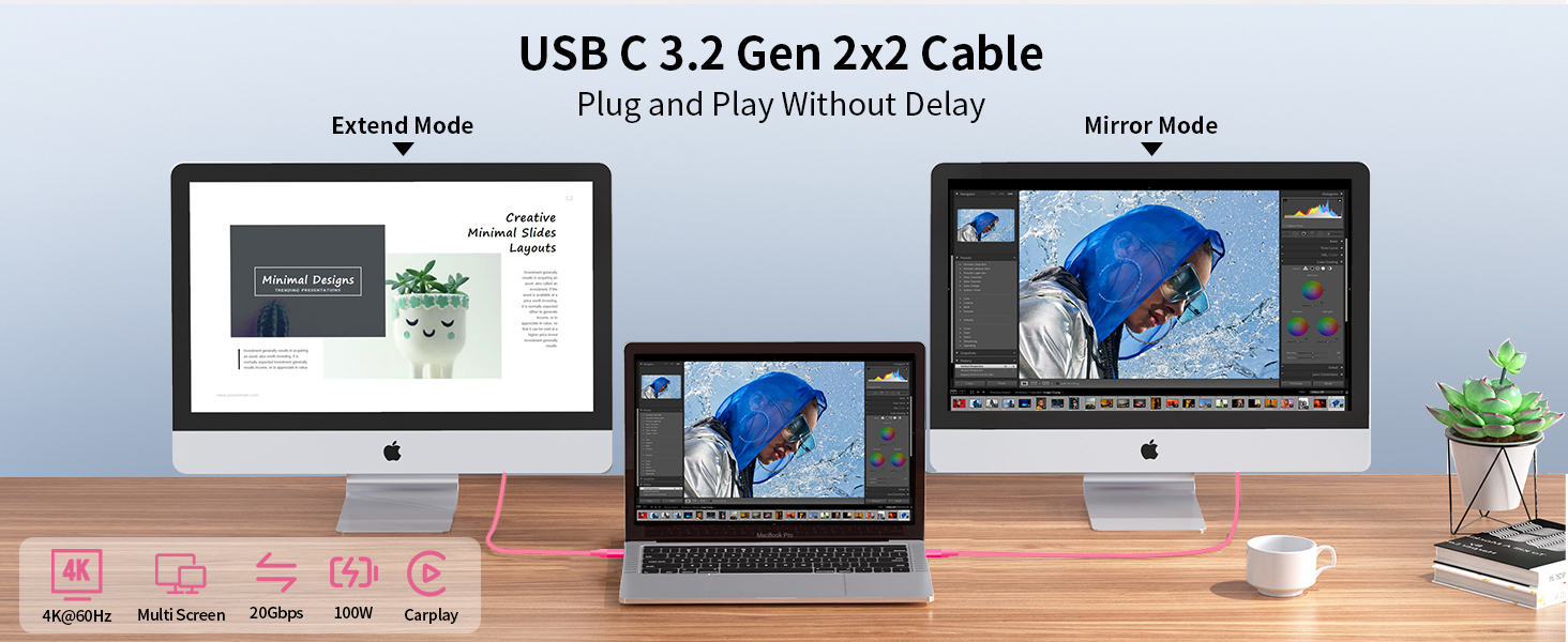 PD Fast Charging USB C 20Gbps Cable Nylon Braided Pink USB C Cable 4K HDR Video Display