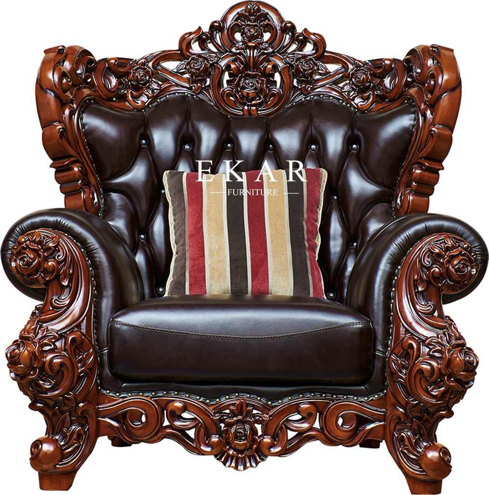 Oak Wooden Carving Design Royal Luxury Living Room 7 Seater Leather Sofa Set