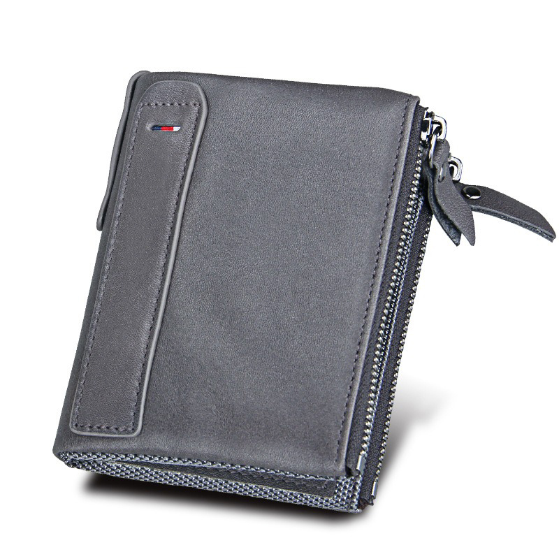 Crazy Horse RFID Credit Card Holder Blocking Vintage Double Zipper Genuine Leather Men's Wallet