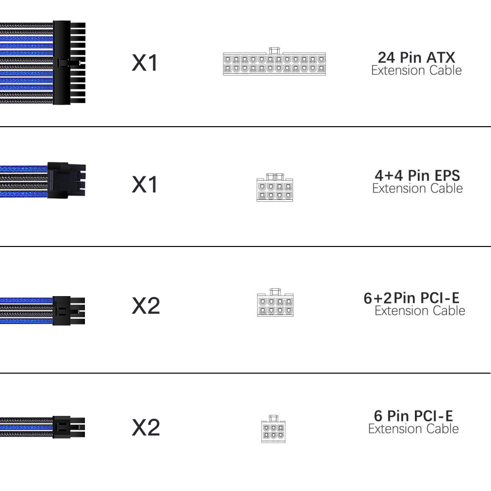 Extension Cord 24 Pin 4+4Pin GPU PCI-E 6+2 pin 6pin Extension Power Cable Kit Sleeved PSU Cable with Cable Comb Black Blue