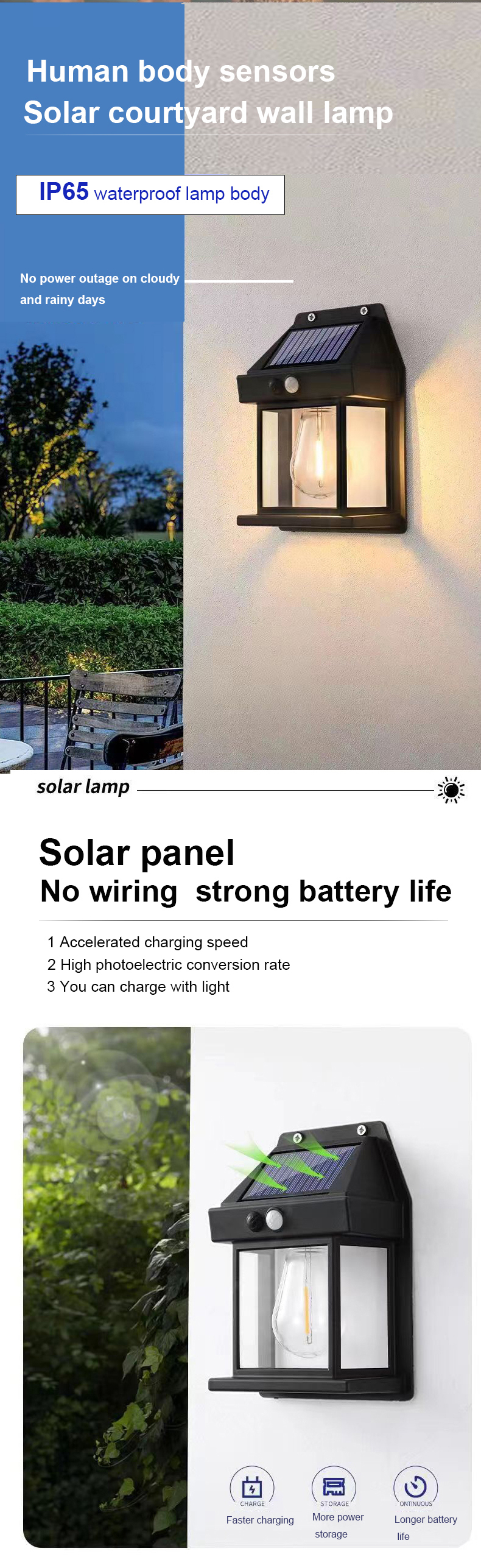80lm/w Courtyard Garden Decoration Waterproof Solar Wall Lamp with Motion Sensor