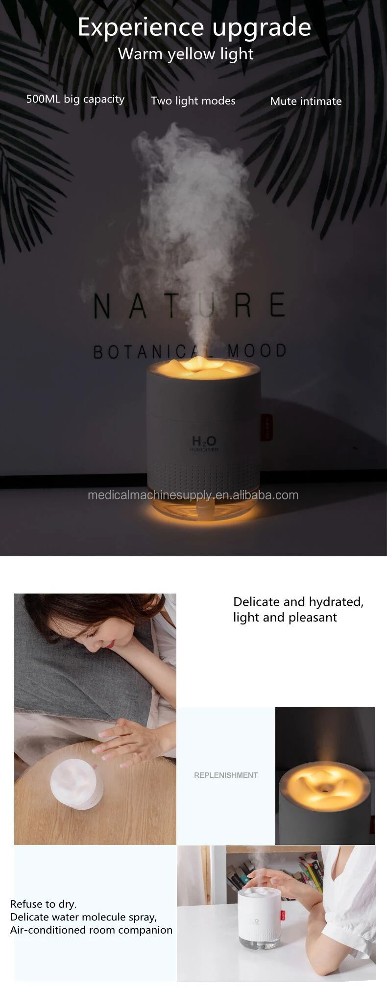 Portable H2O Humidifier Cool-Mist Impeller Humidifier with ABS PP Silica Gel Material